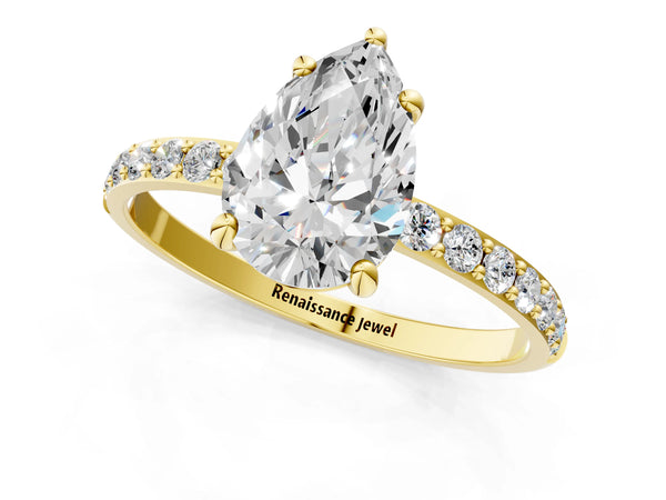5 Carat Pear Cut Yellow gold Diamond Solitaire Ring with Round  Pavé Band and Prong Setting