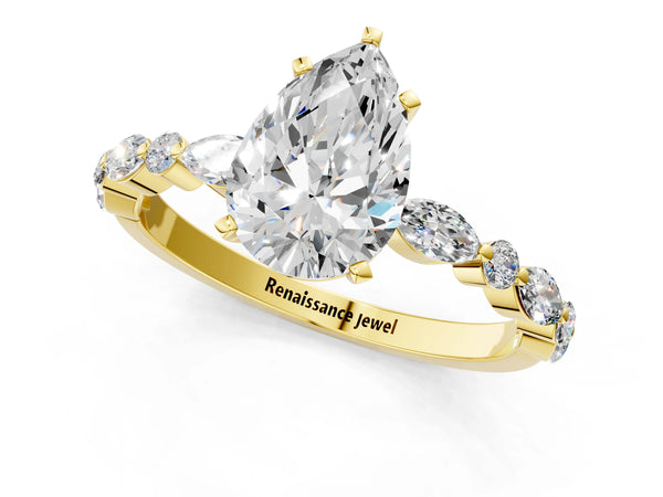 5 Carat Pear Cut Yellow gold Diamond Ring with Marquise and Round Side Stones and Four-Prong Setting