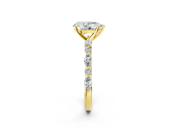 5 Carat Pear Cut Yellow gold Diamond Ring with Marquise and Round Side Stones and Four-Prong Setting