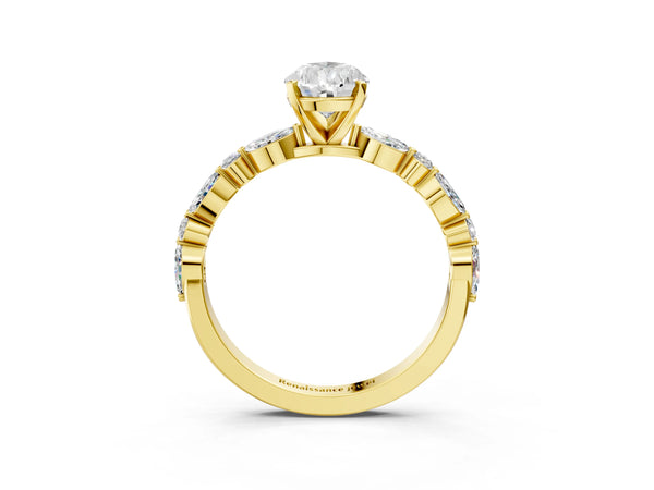 5 Carat Pear Cut Yellow gold Diamond Ring with Marquise and Round Side Stones and Four-Prong Setting