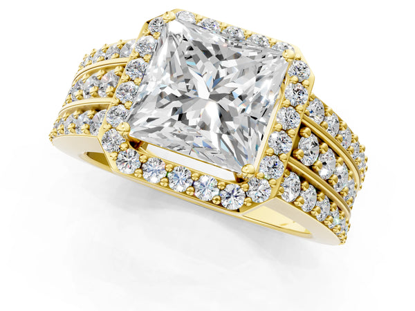 Yellow gold 5 Carat Princess Cut Halo Diamond Ring with Round  Split Shank and Prong Setting