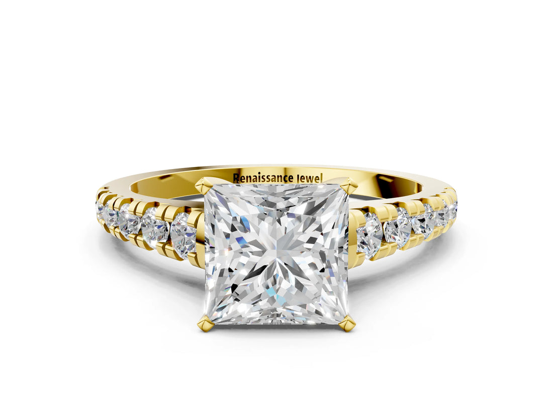 Yellow gold 5 Carat Princess Cut  Solitaire Ring with Cathedral Setting and Pavé Band