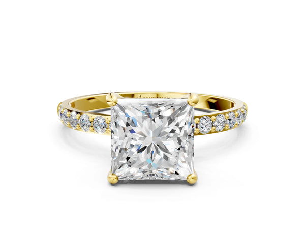 5 Carat Princess Cut Yellow gold Diamond Solitaire Ring with Round  Pavé Band and Prong Setting