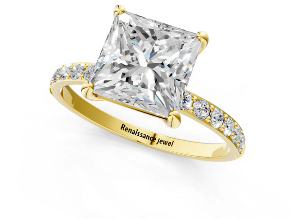 5 Carat Princess Cut Yellow gold Diamond Solitaire Ring with Round  Pavé Band and Prong Setting