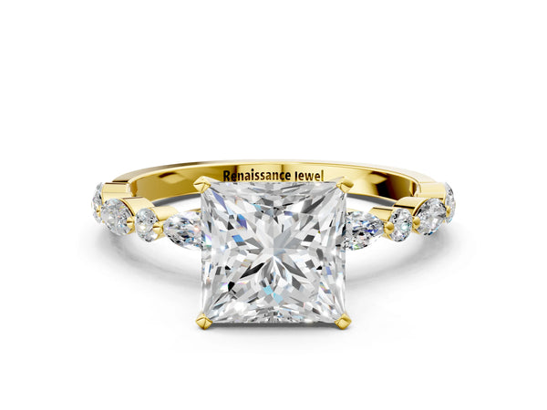 5 Carat Princess Cut Yellow gold Diamond Ring with Marquise and Round Side Stones and Four-Prong Setting