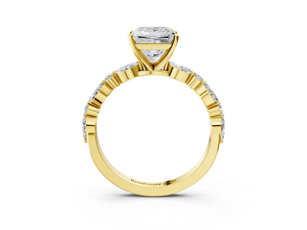 5 Carat Princess Cut Yellow gold Diamond Ring with Marquise and Round Side Stones and Four-Prong Setting