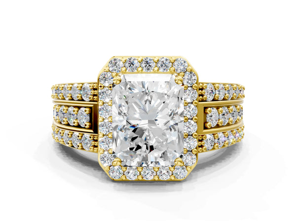 Yellow gold 5 Carat Radiant Cut Halo Diamond Ring with Round  Split Shank and Prong Setting
