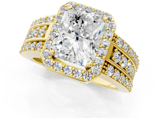 Yellow gold 5 Carat Radiant Cut Halo Diamond Ring with Round  Split Shank and Prong Setting