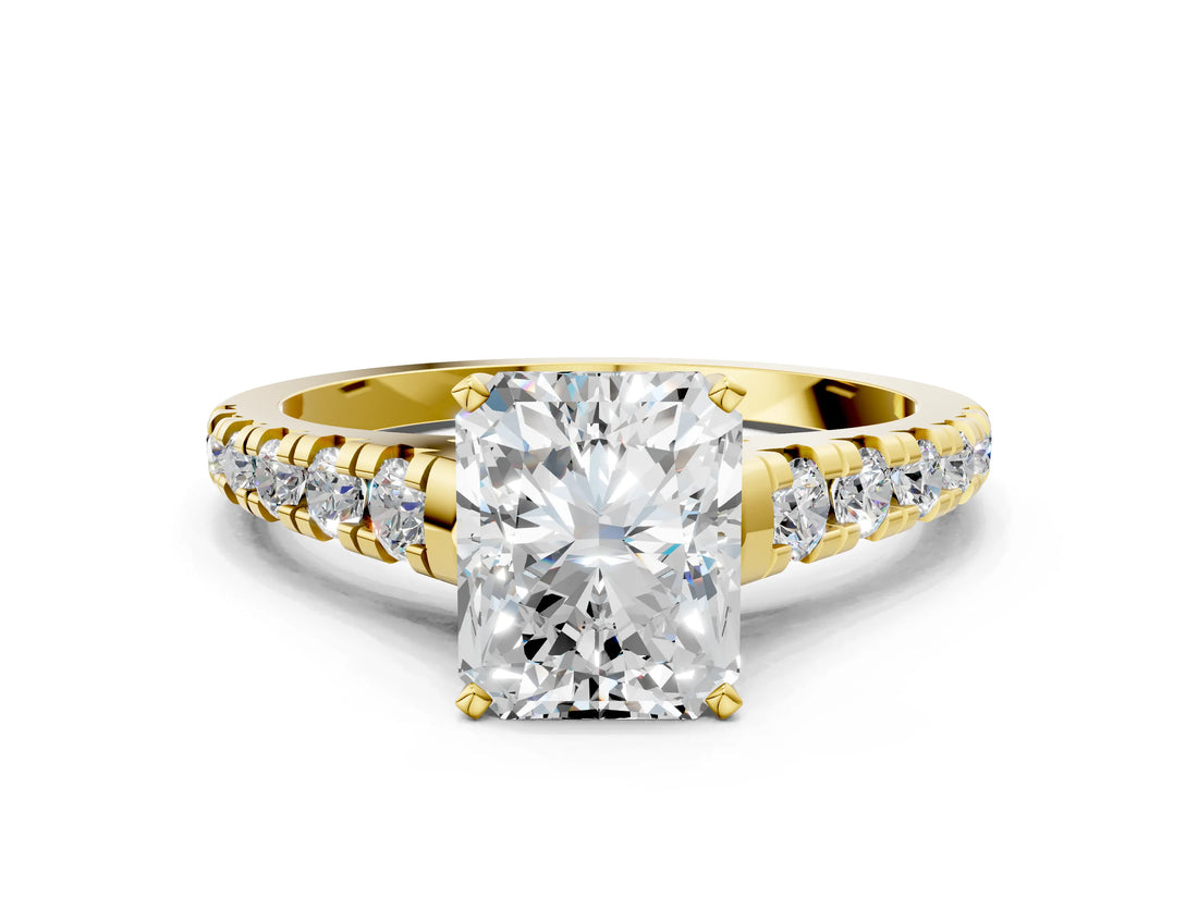 Yellow gold 5 Carat Radiant Cut  Solitaire Ring with Cathedral Setting and Pavé Band
