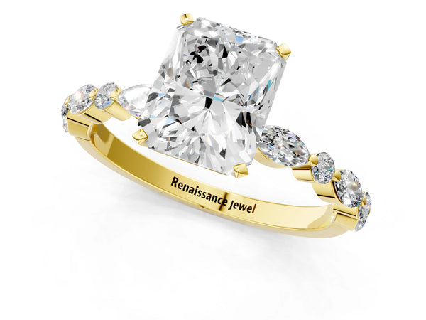 5 Carat Radiant Cut Yellow gold Diamond Ring with Marquise and Round Side Stones and Four-Prong Setting