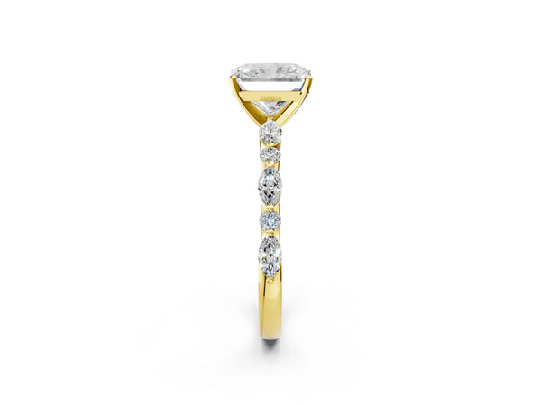 5 Carat Radiant Cut Yellow gold Diamond Ring with Marquise and Round Side Stones and Four-Prong Setting