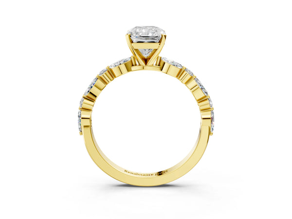 5 Carat Radiant Cut Yellow gold Diamond Ring with Marquise and Round Side Stones and Four-Prong Setting