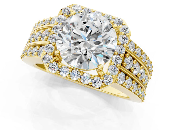 Yellow gold 5 Carat Round Cut Halo Diamond Ring with Round  Split Shank and Prong Setting