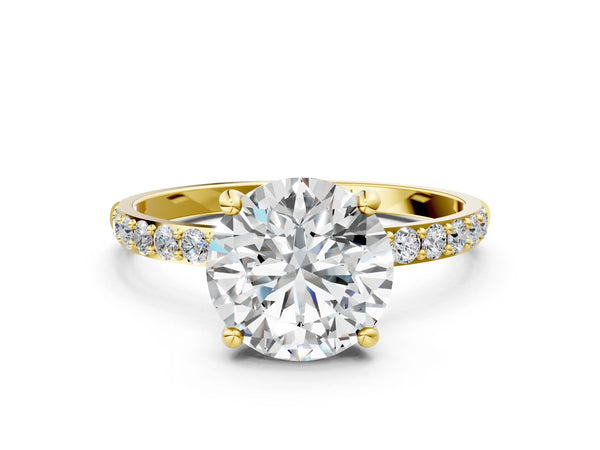 5 Carat Round Cut Yellow gold Diamond Solitaire Ring with Round  Pavé Band and Prong Setting