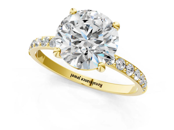 5 Carat Round Cut Yellow gold Diamond Solitaire Ring with Round  Pavé Band and Prong Setting