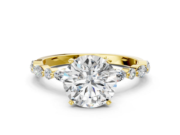 5 Carat Round Cut Yellow gold Diamond Ring with Marquise and Round Side Stones and Four-Prong Setting