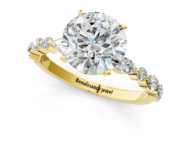 5 Carat Round Cut Yellow gold Diamond Ring with Marquise and Round Side Stones and Four-Prong Setting