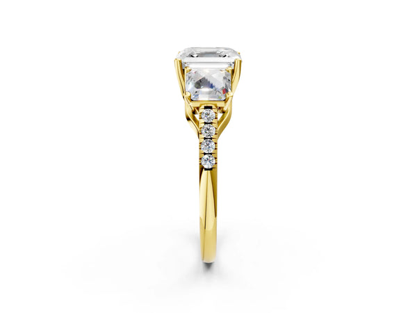 5 Carat Asscher Cut Yellow gold Three-Stone Diamond Ring with Round  Pavé Band and Prong Setting