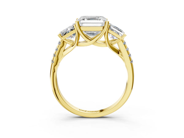 5 Carat Asscher Cut Yellow gold Three-Stone Diamond Ring with Round  Pavé Band and Prong Setting