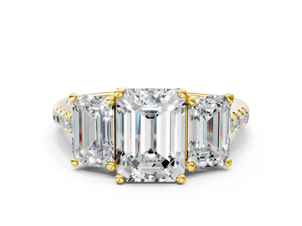 Yellow gold 5 Carat Three-Stone Emerald Cut Diamond Ring with Round  Pavé Band and Prong Setting