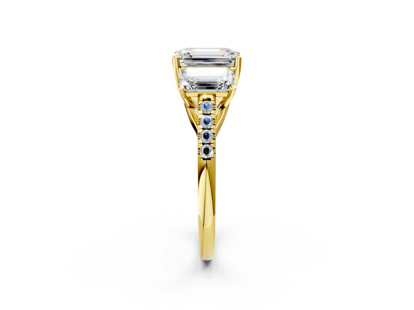 Yellow gold 5 Carat Three-Stone Emerald Cut Diamond Ring with Round  Pavé Band and Prong Setting