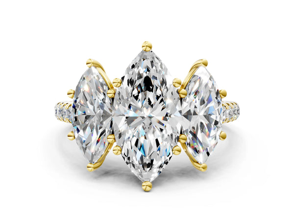 Yellow gold 5 Carat Three-Stone Marquise Cut Diamond Ring with Round  Pavé Band and Prong Setting