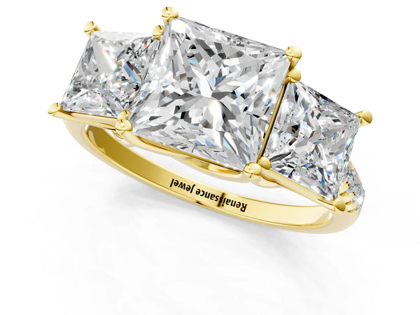 Yellow gold 5 Carat Three-Stone Princess Cut Diamond Ring with Round  Pavé Band and Prong Setting