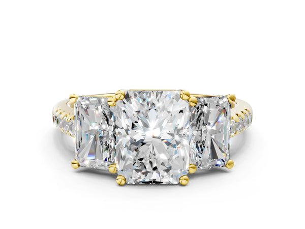 Yellow gold 5 Carat Three-Stone Radiant Cut Diamond Ring with Round  Pavé Band and Prong Setting
