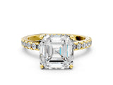 Yellow gold 6 Carat Asscher Cut  Solitaire Ring with Pavé Band and Four-Prong Setting