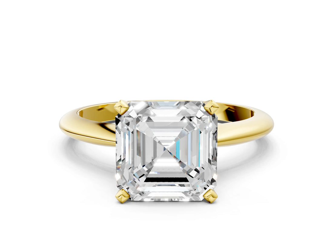 Yellow gold 7 Carat Asscher Cut  Solitaire Engagement Ring with Classic Band and Four-Prong Setting