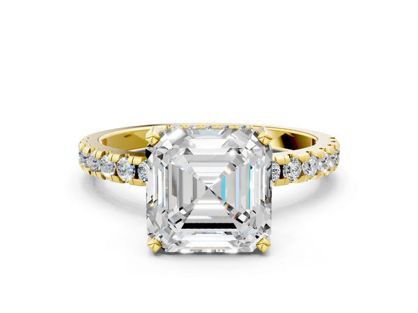 7 Carat Asscher Cut Yellow gold Diamond Solitaire Ring with Round  Pavé Band and Four-Prong Setting
