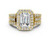 Yellow gold 8 Carat Emerald Cut Halo  Ring with Split Shank and Four-Prong Setting