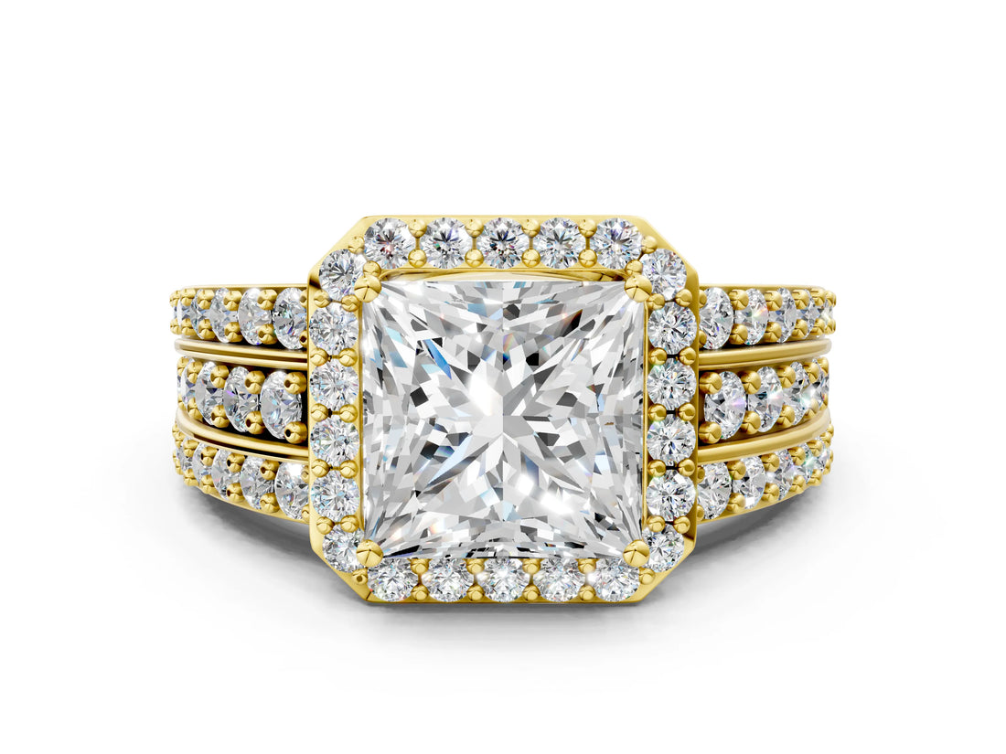 Yellow gold 9 Carat Princess Cut Halo  Ring with Split Shank and Four-Prong Setting