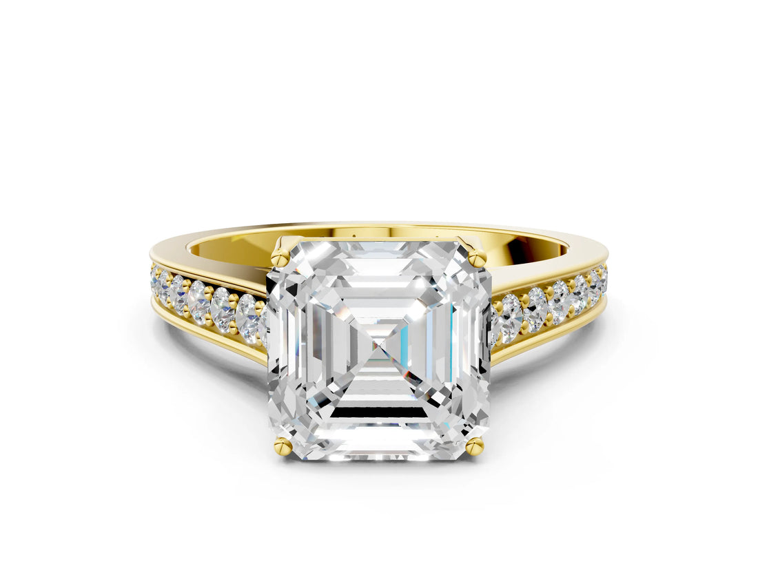 Yellow gold Asscher Brilliant Cut Diamond Engagement Ring with Pavé Band and Four-Prong Setting_68