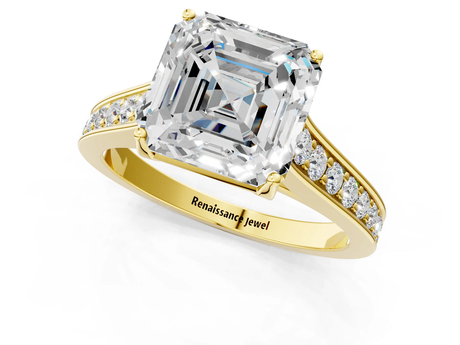 Yellow gold Asscher Brilliant Cut Diamond Engagement Ring with Pavé Band and Four-Prong Setting