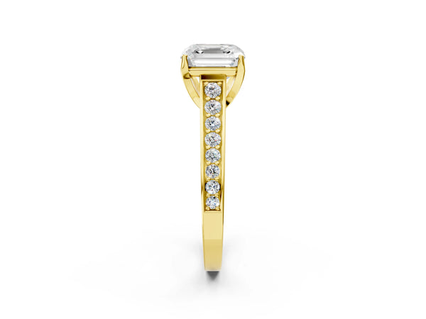 Yellow gold Asscher Brilliant Cut Diamond Engagement Ring with Pavé Band and Four-Prong Setting