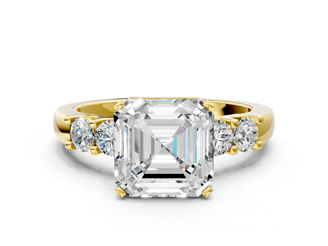 Yellow gold Asscher Brilliant Cut Diamond Five-Stone Prong Set Engagement Ring with Channel Band_23