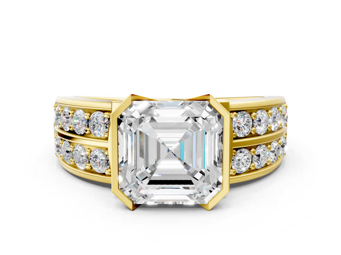Yellow gold Asscher Brilliant Diamond Channel Set Wide Band Ring with Bezel Setting_6