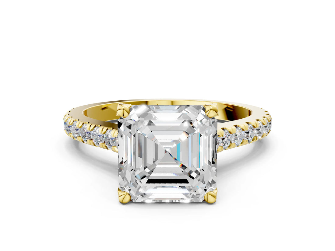 Yellow gold Asscher Brilliant Diamond Solitaire with Pavé Band and Four-Prong Setting 1