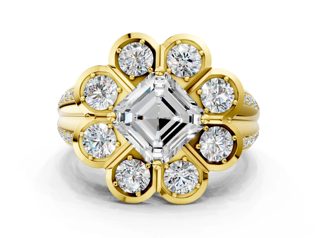 Yellow gold Asscher Brilliant Flower Halo Diamond Split Shank Ring_105