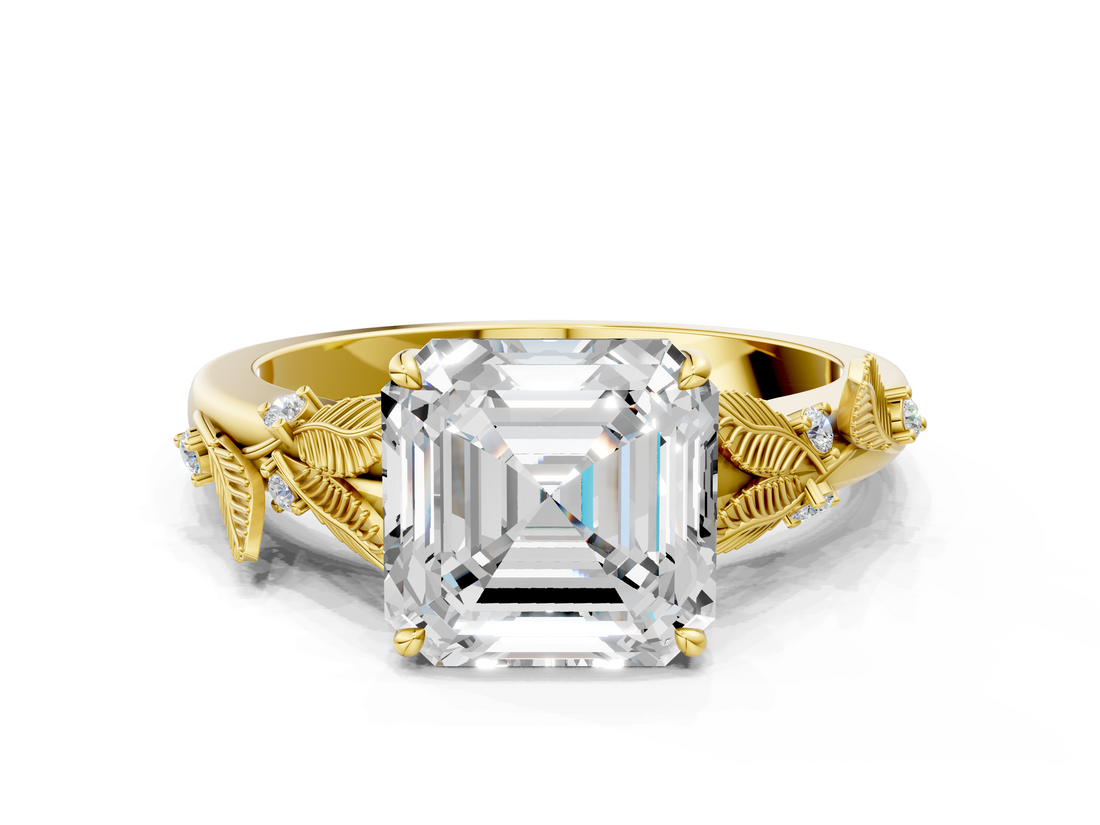 Yellow gold Asscher Brilliant Solitaire with Leaf Motif Band and Four-Prong Setting_7