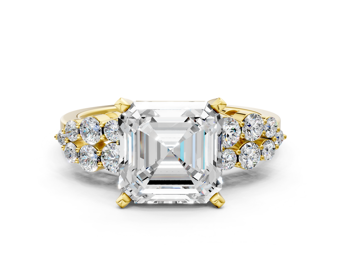 Yellow gold Asscher Cluster Diamond Engagement Ring with Pavé Band and Four-Prong Setting_24