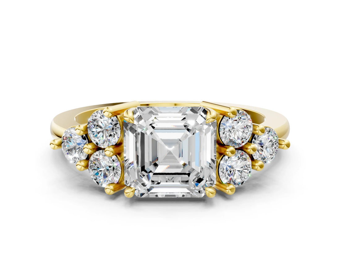 Yellow gold Asscher Cut Brilliant Diamond Cluster Accent Solitaire Ring with Prong Setting_3