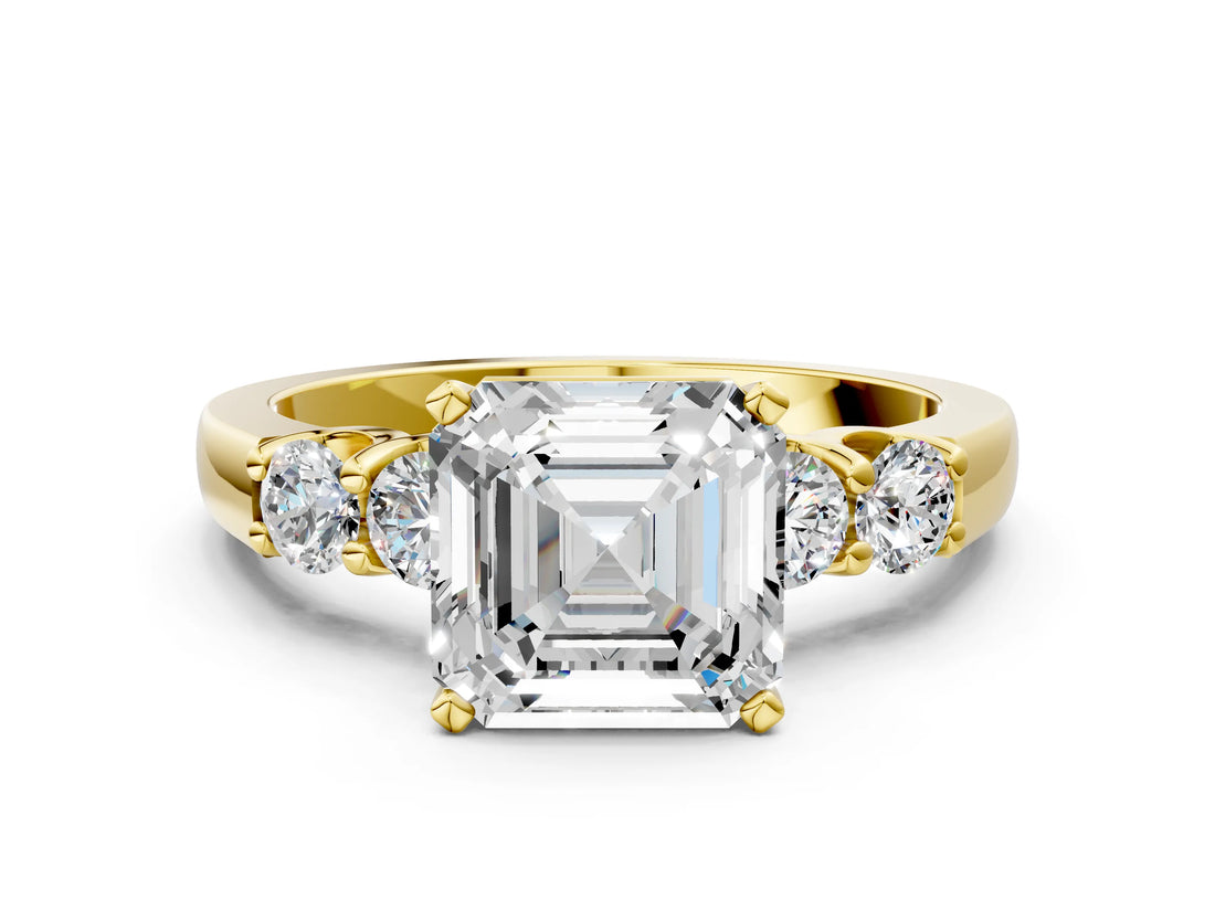 Yellow gold Asscher Cut Brilliant Diamond Five-Stone Engagement Ring with Prong Setting on a Classic Band_3