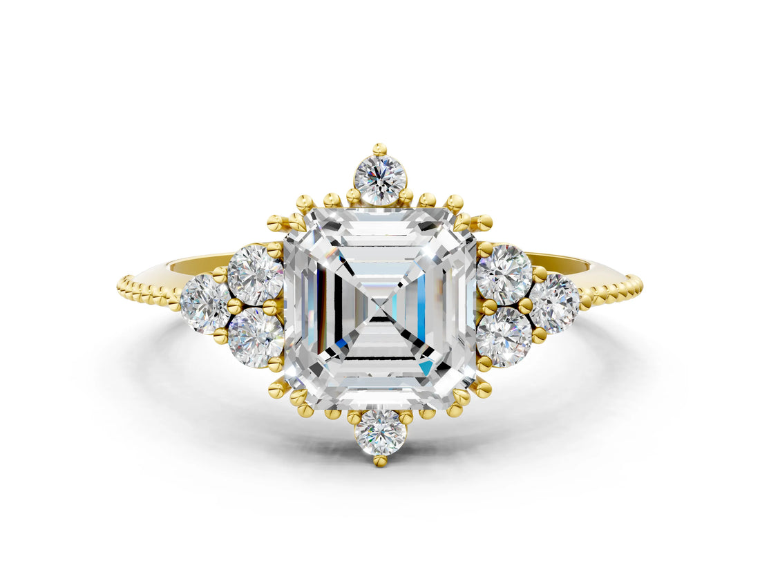 Yellow gold Asscher Cut Brilliant Diamond with Cluster Setting on a Beaded Band and Four-Prong Setting_15