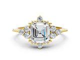 Yellow gold Asscher Cut Brilliant Diamond with Cluster Setting on a Beaded Band and Four-Prong Setting_15