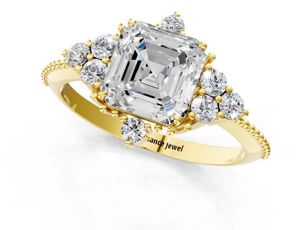 Yellow Gold Asscher Cut Vintage Cluster Engagement Ring Setting with Beaded Band