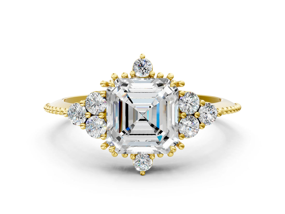 Yellow gold Asscher Cut Brilliant Diamond with Cluster Setting on a Beaded Band and Four-Prong Setting_3