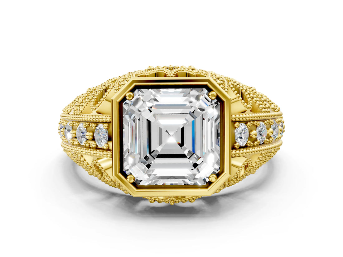 Yellow gold Asscher Cut Brilliant Milgrain Filigree Diamond Ring with Square Prong Setting_15