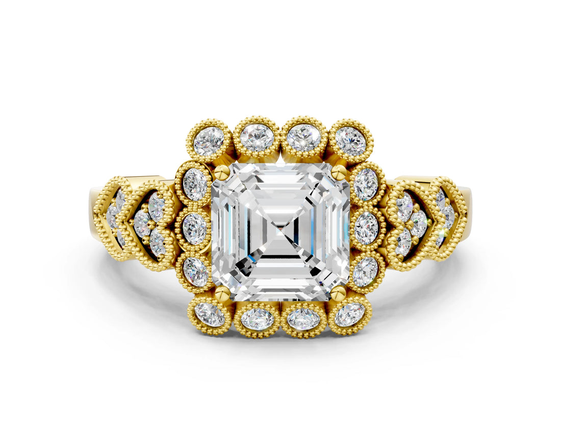 Yellow gold Asscher Cut Brilliant Milgrain Pave Heart Band Solitaire Ring_3